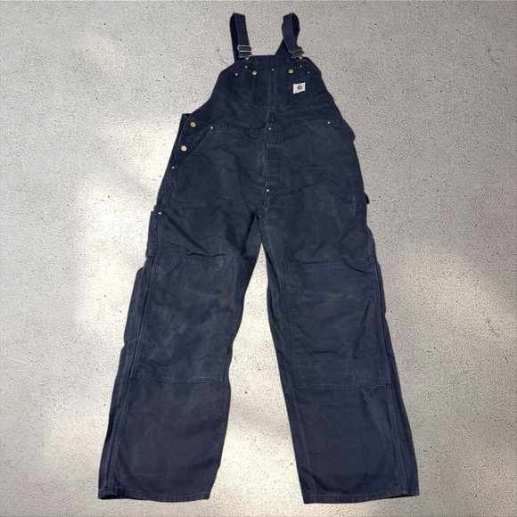 Vintage 90's Carhartt R01 BLK Black Duck Double Knee Bib Overalls Size 42x30 - Picture 2 of 6